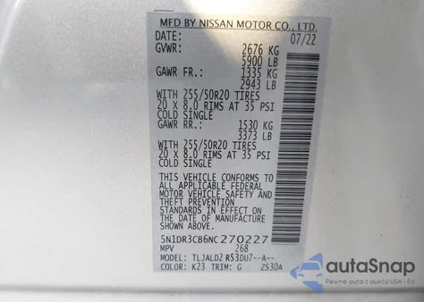 2022 Nissan Pathfinder Sl 2Wd from USA, damaged, VIN 5N1DR3CB6NC270227